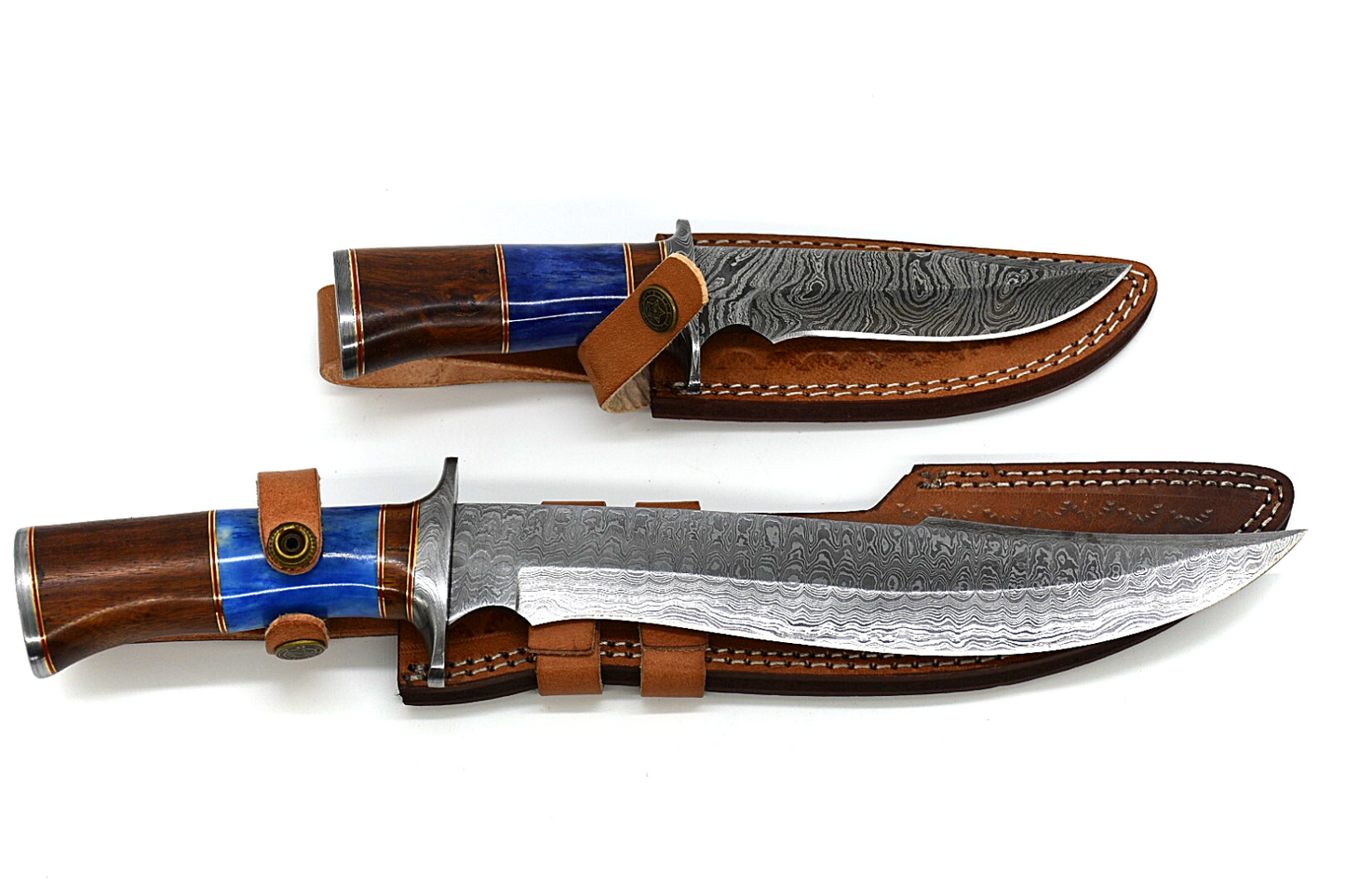 Handmade Damascus Hunting pair of Knives With Leather Sheath Wood & Bone Handle