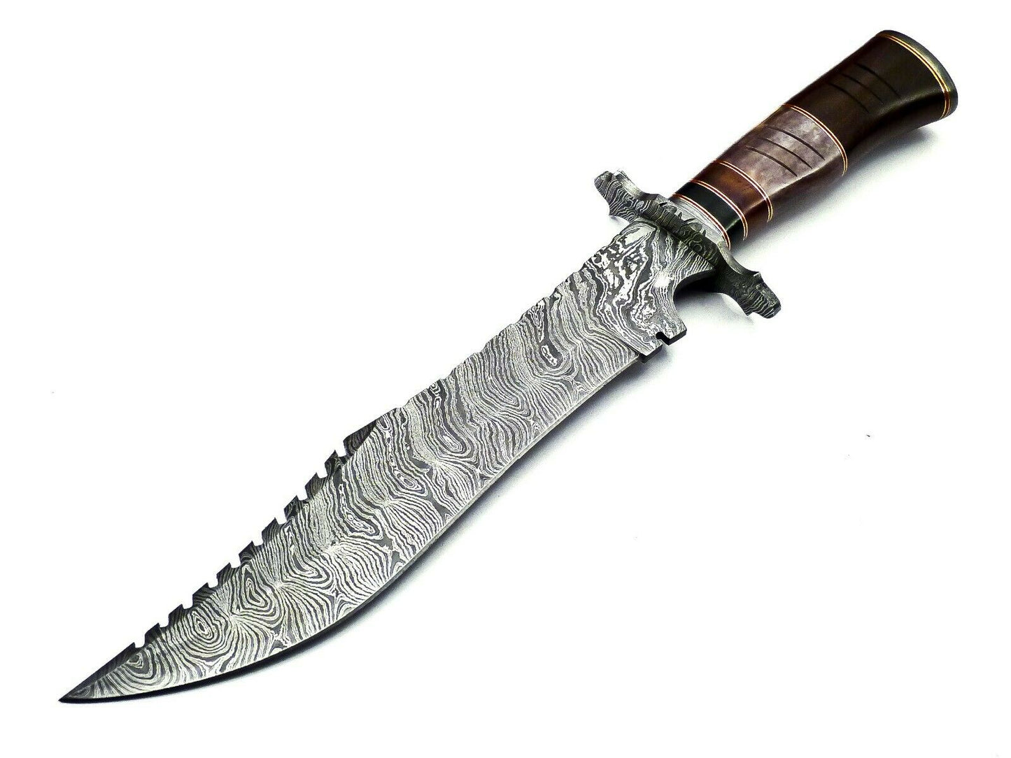 Handmade Damascus Steel 15 Inches Bowie Knife - Rose Wood & Bull Horn Handle