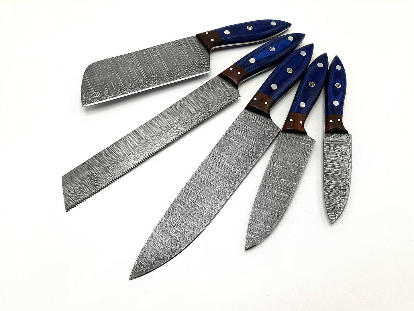 Handmade Damascus Knife Set 5piece Full Tang Rosewood Bolster & Wood Razor Sharp