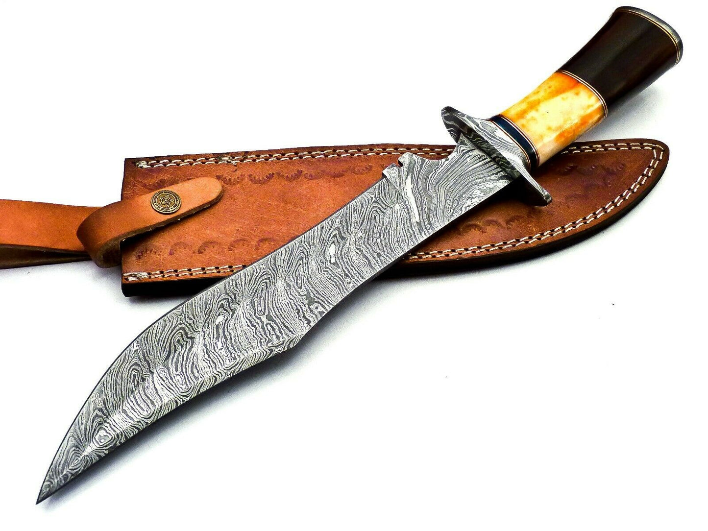 Handmade Damascus Bowie Knife - Wood & Bull Horn Handle, 38cm, 256 Layers - With Leather Sheath for Hunting, Camping, Collection, and Gifts