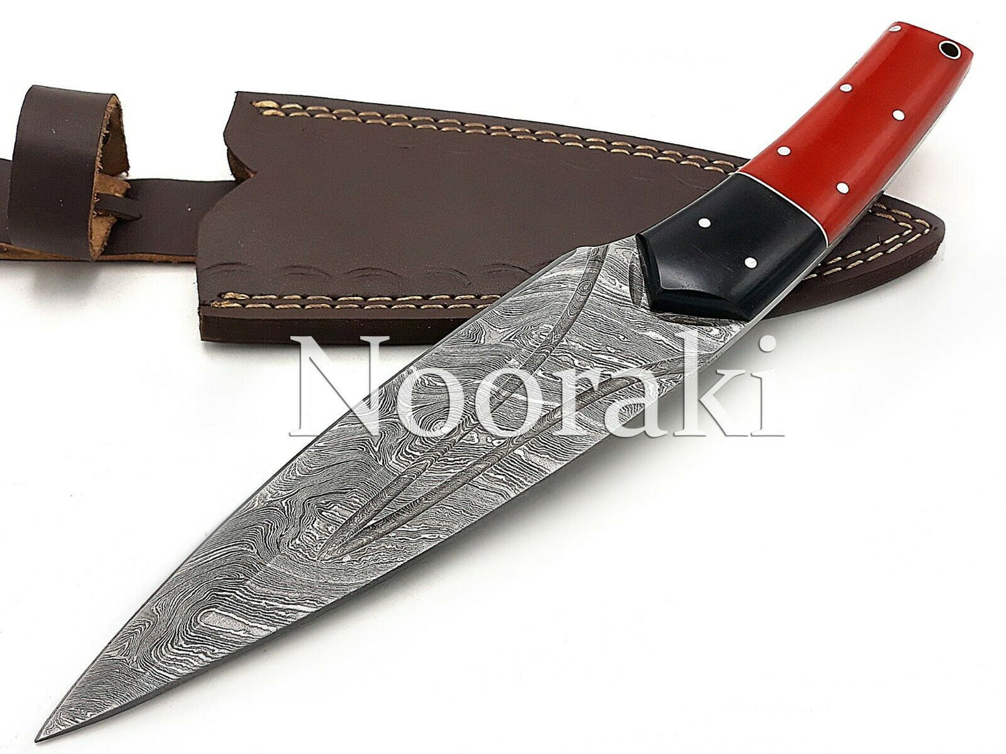 Handmade Damascus Bowie Knife Sharp Blade Resin Red Handle With Leather Sheath