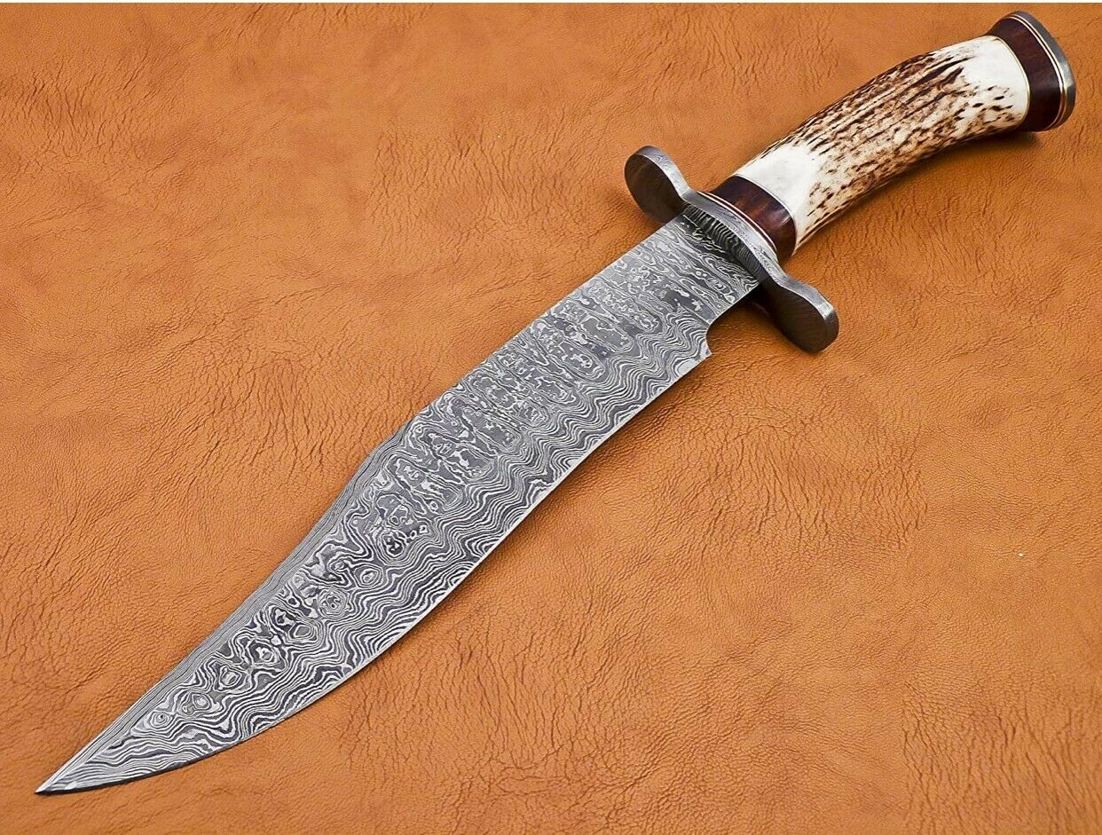 Handmade Damascus Steel 15 Inches Bowie Knife Horn Handle Damascus Guard /Sheath