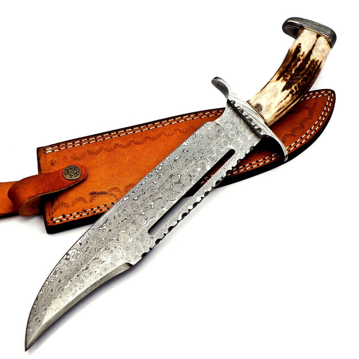 Handmade Damascus Steel Hunting Bowie Knife Stag Handle With Leather Sheath
