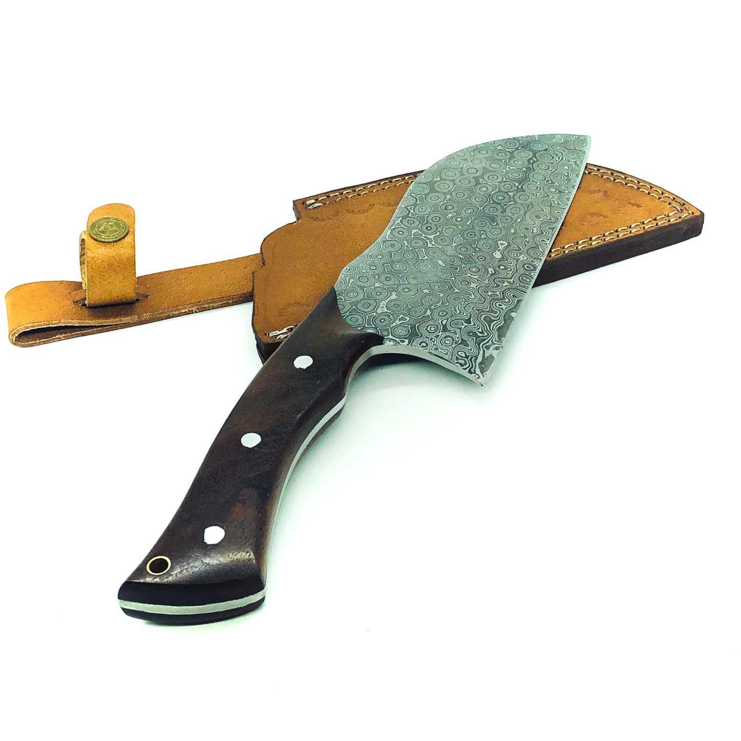 Damascus Multi-layers Chef Cleaver Kitchen Knife With Leather Sheath Full Tang