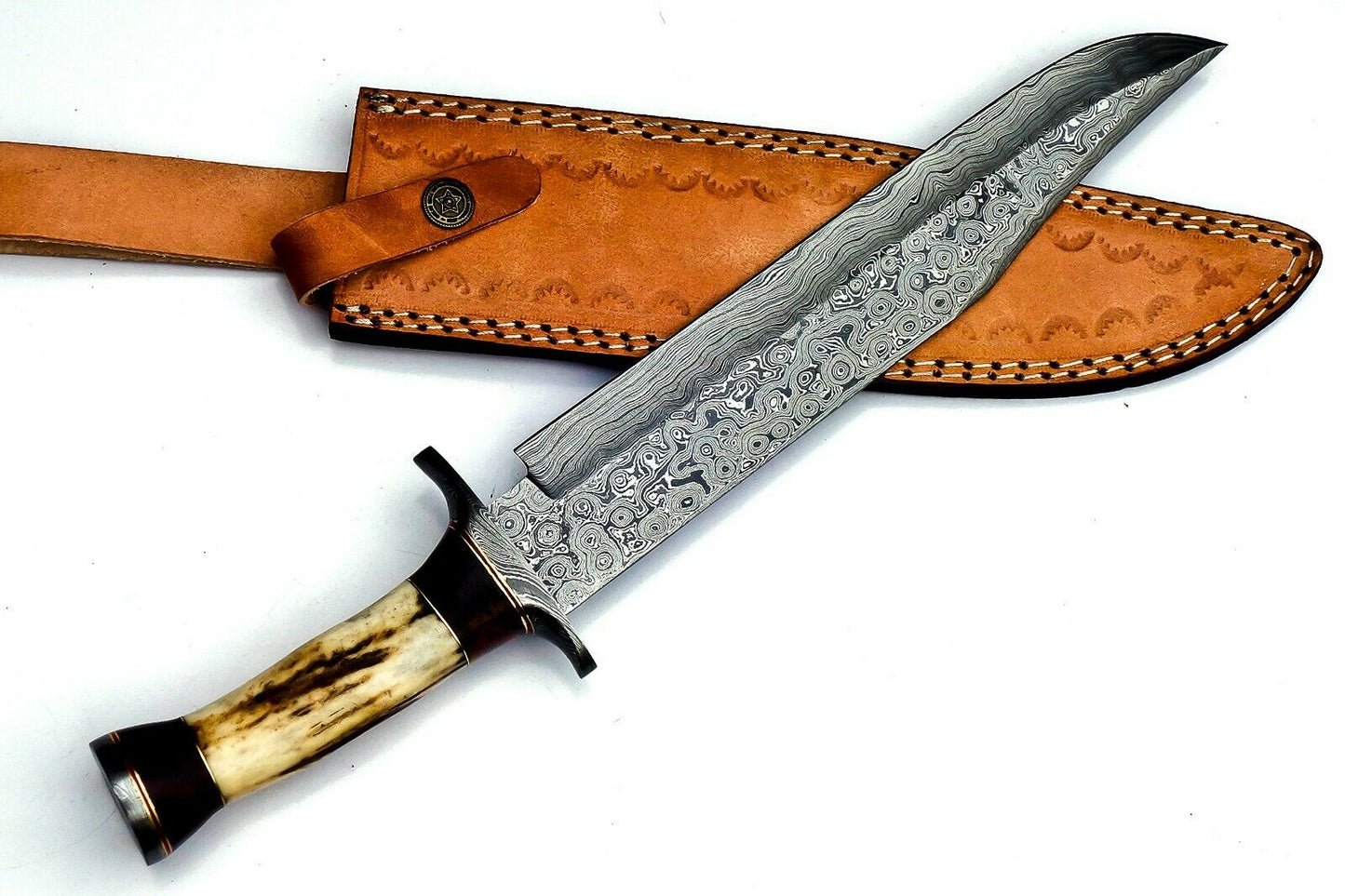 Handmade Damascus Steel 15 Inches Bowie Knife – Elk Deer Horn Handle,With Sheath