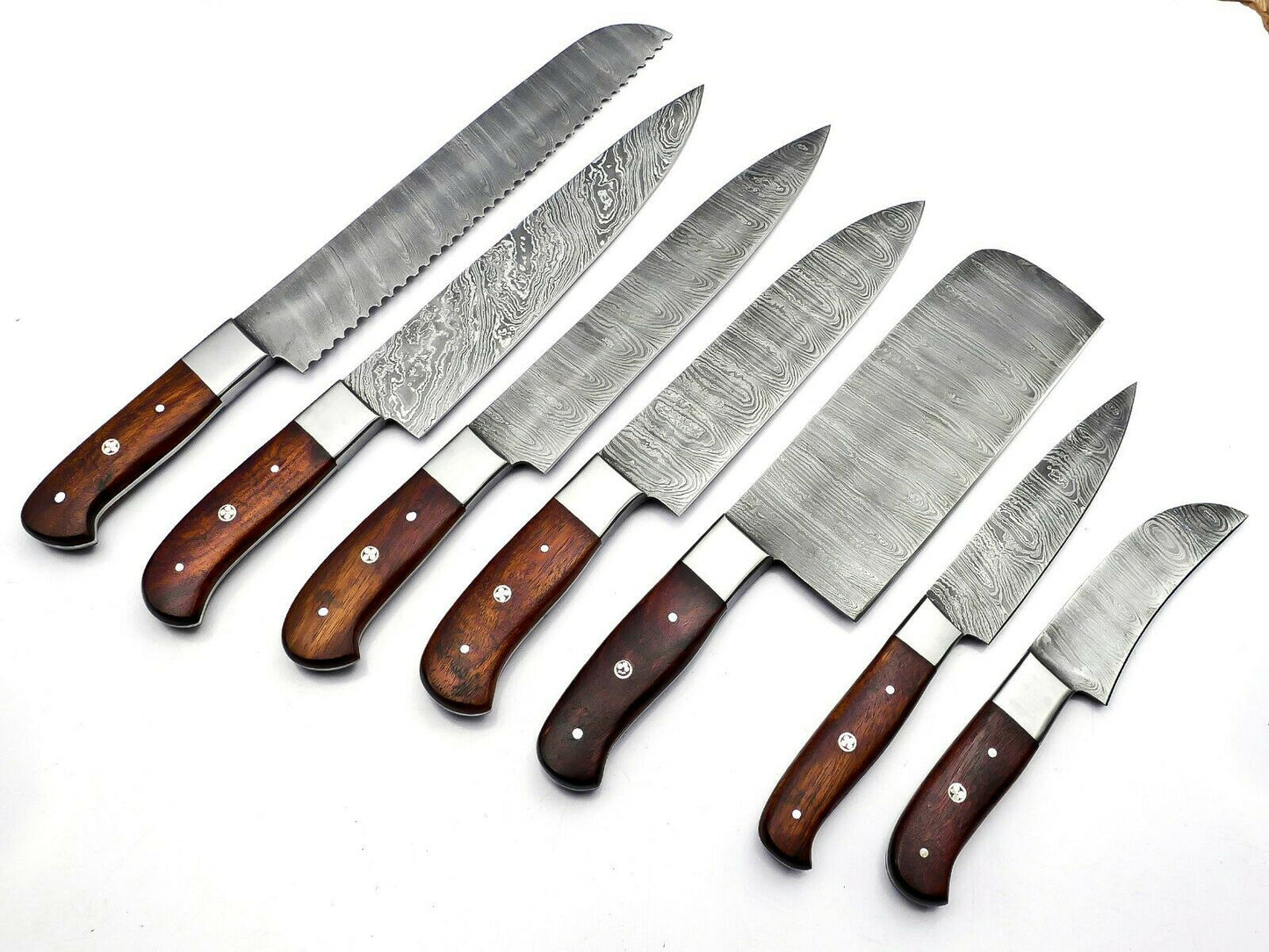 Handmade Damascus Steel Kitchen Knife Set 7 pcs Full Tang With Leather Bag