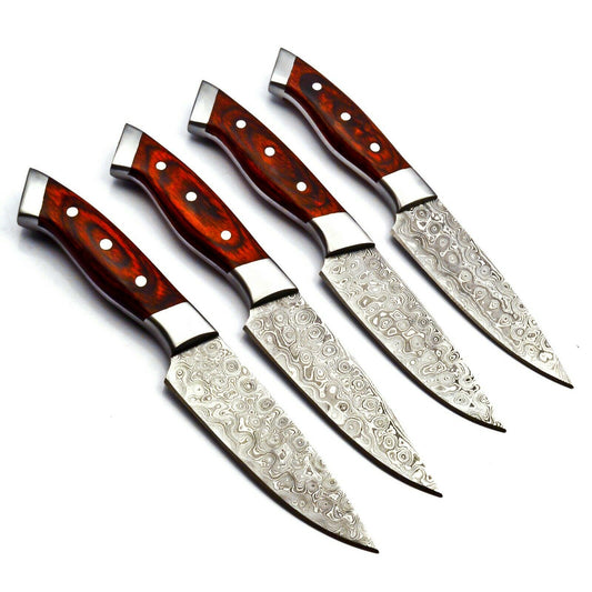 Handmade 4 Pcs Steak Knife Set Damascus Steel Kitchen Knife Set With Leather Bag