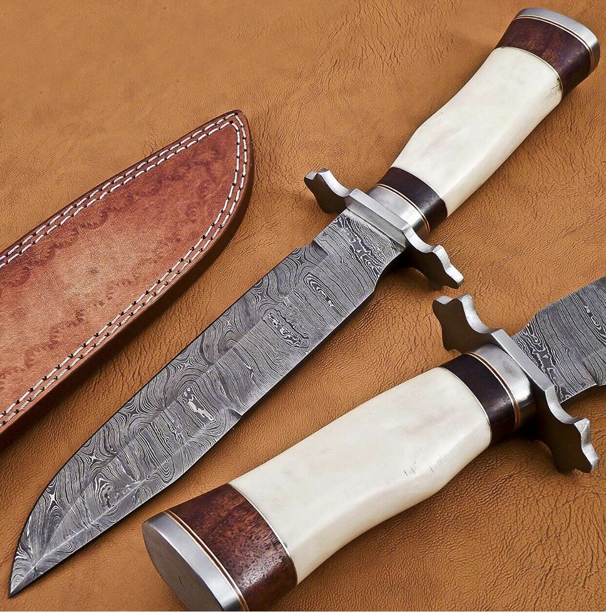 Handmade Damascus Steel 13 inches Bowie Knife – Camel Bone & Buffalo Horn Handle