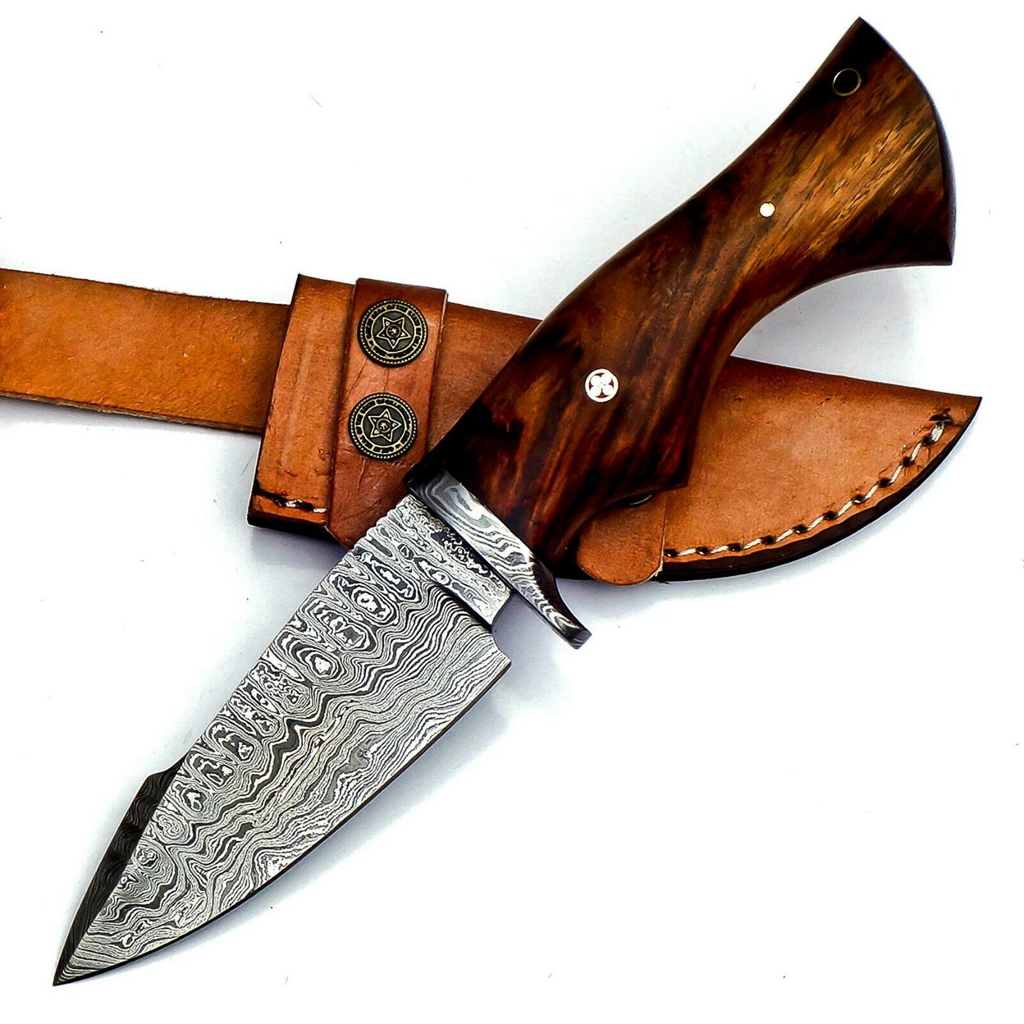 Custom Handmade Damascus Steel EDC Knife, Rosewood Handle, with Leather Sheath 26cm