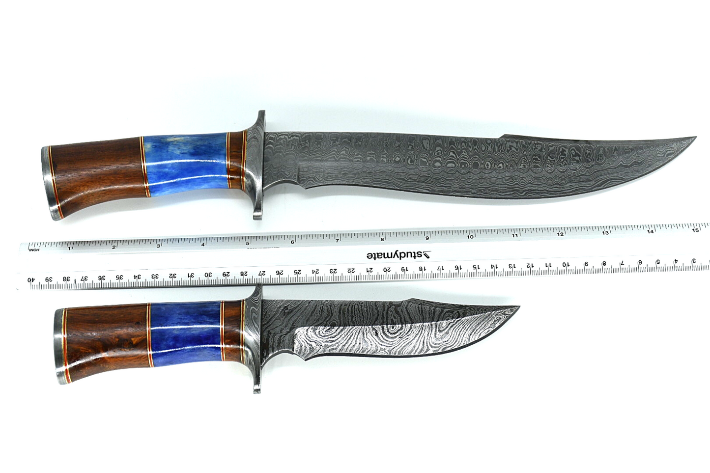 Handmade Damascus Hunting pair of Knives With Leather Sheath Wood & Bone Handle