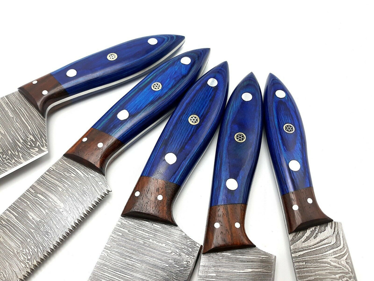 Handmade Damascus Knife Set 5piece Full Tang Rosewood Bolster & Wood Razor Sharp