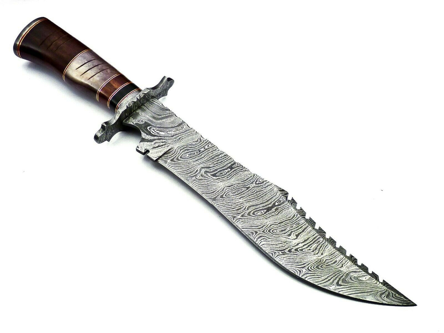 Handmade Damascus Steel 15 Inches Bowie Knife - Rose Wood & Bull Horn Handle