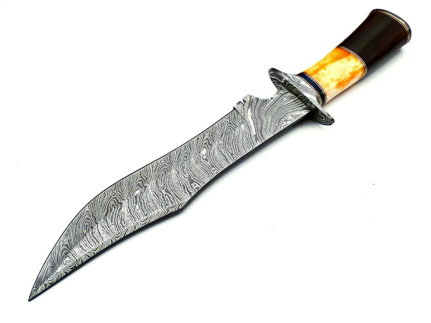 Handmade Damascus Bowie Knife - Wood & Bull Horn Handle, 38cm, 256 Layers - With Leather Sheath for Hunting, Camping, Collection, and Gifts