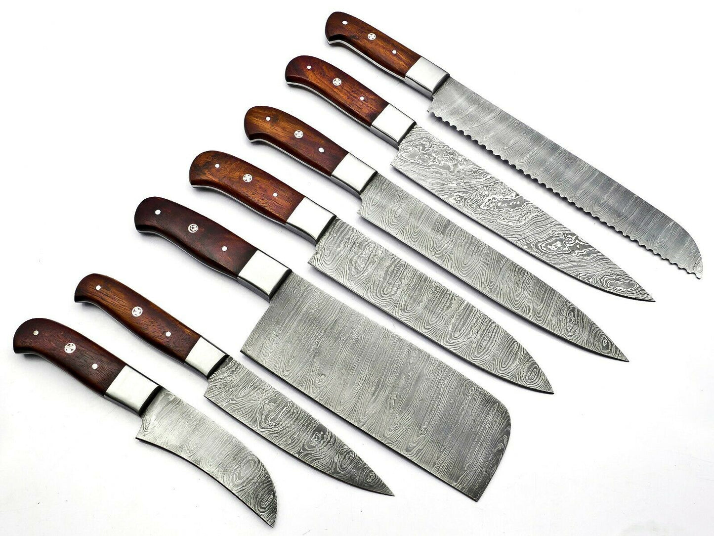 Handmade Damascus Steel Kitchen Knife Set 7 pcs Full Tang With Leather Bag