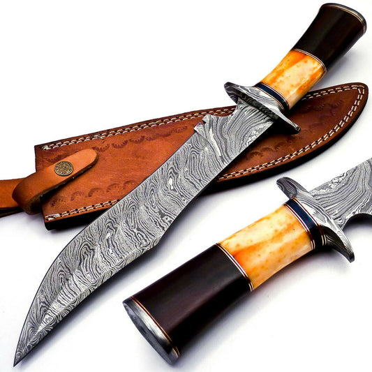 Handmade Damascus Bowie Knife - Wood & Bull Horn Handle, 38cm, 256 Layers - With Leather Sheath for Hunting, Camping, Collection, and Gifts
