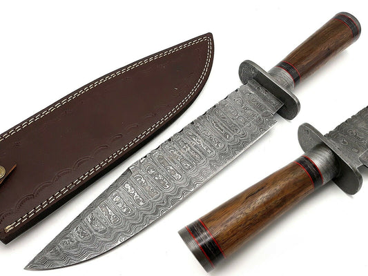 Handmade Damascus Bowie 16 Damascus Guard Wood Handle With Leather Sheath