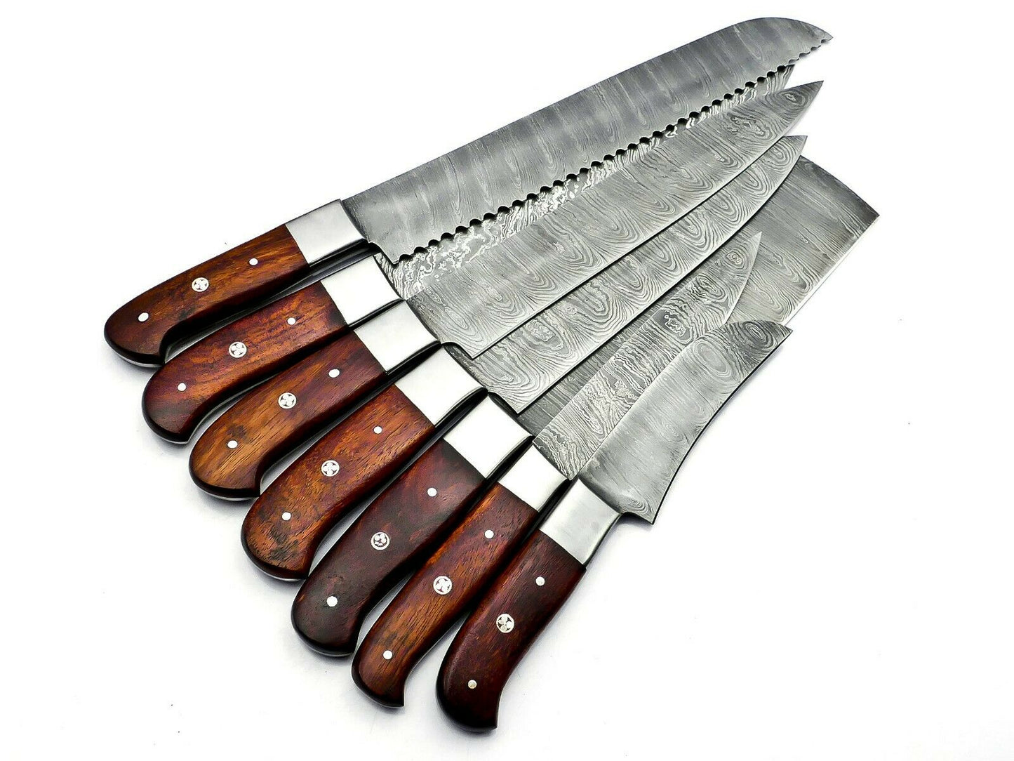 Handmade Damascus Steel Kitchen Knife Set 7 pcs Full Tang With Leather Bag