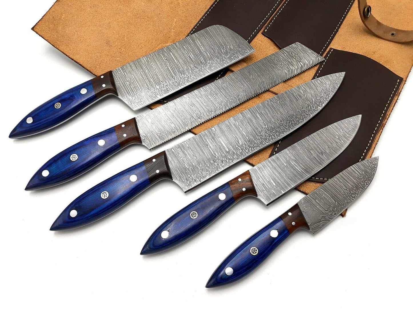 Handmade Damascus Knife Set 5piece Full Tang Rosewood Bolster & Wood Razor Sharp