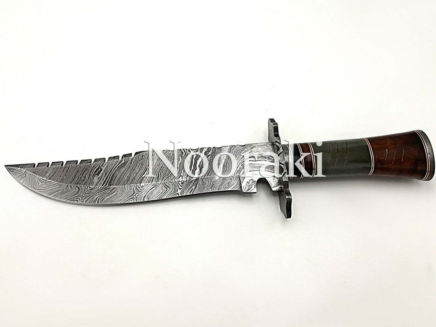 Handmade Damascus Steel 15.5 Inches Bowie Knife - Rose Wood & Bull Horn Handle