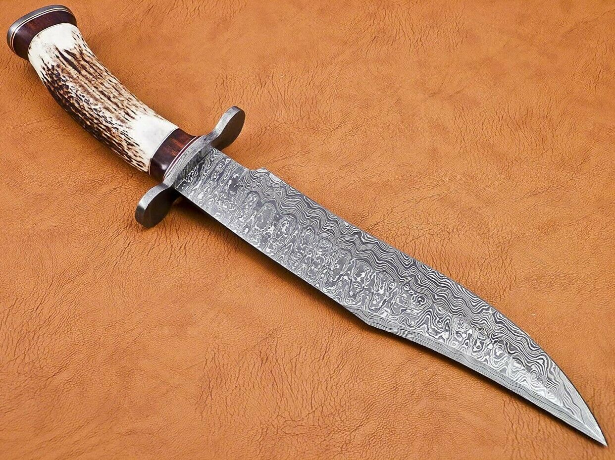 Handmade Damascus Steel 15 Inches Bowie Knife Horn Handle Damascus Guard /Sheath