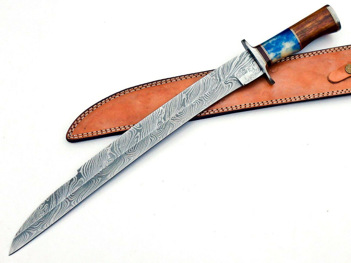 Large Handmade Damascus Bowie Knife 23 inches Wood & Bone Handle W/Sheath