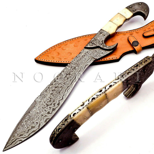 Handmade Damascus Steel Machete/Kukri Knife Full Tang Camel Bone Handle 18 inch