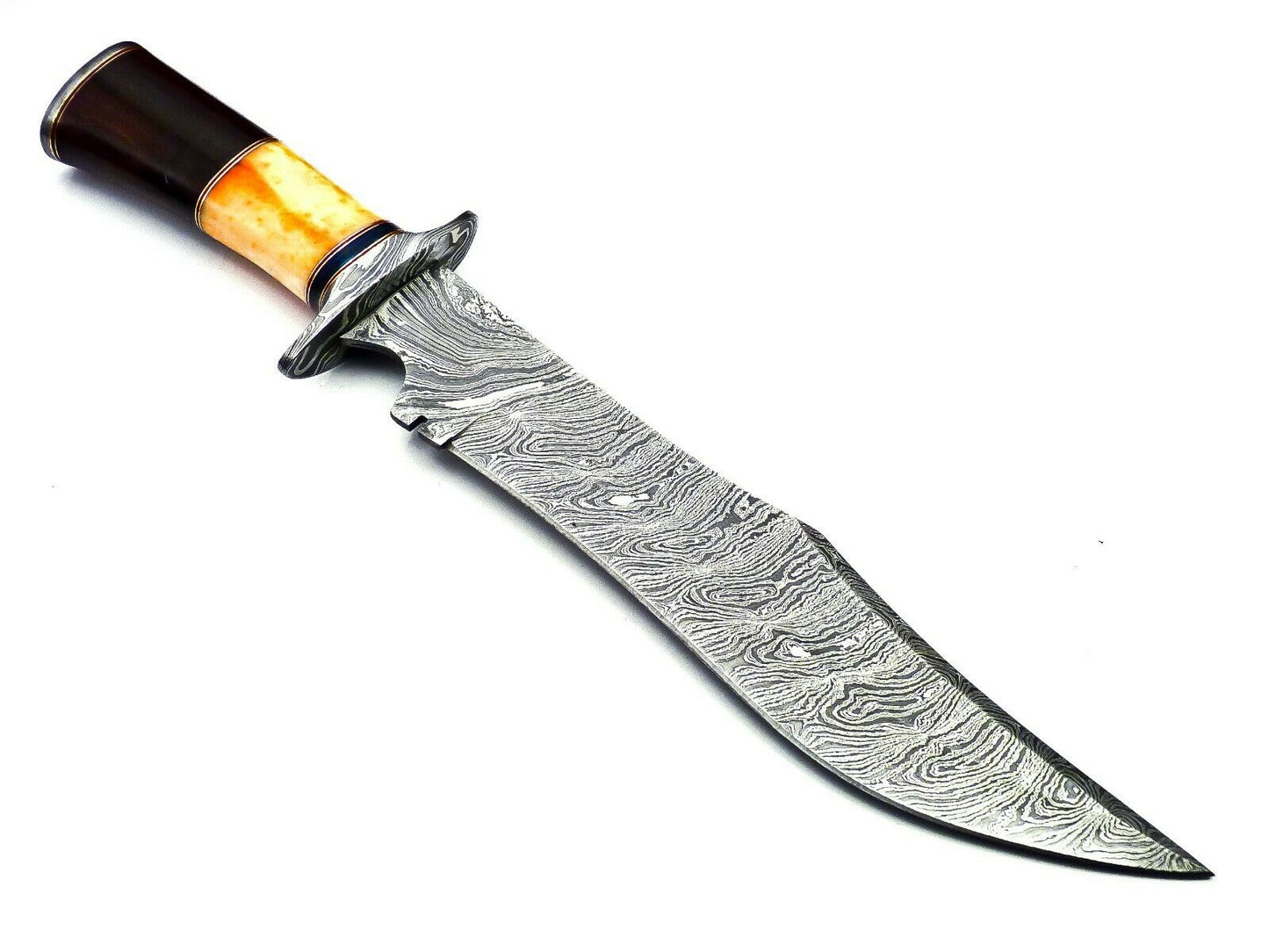 Handmade Damascus Bowie Knife - Wood & Bull Horn Handle, 38cm, 256 Layers - With Leather Sheath for Hunting, Camping, Collection, and Gifts