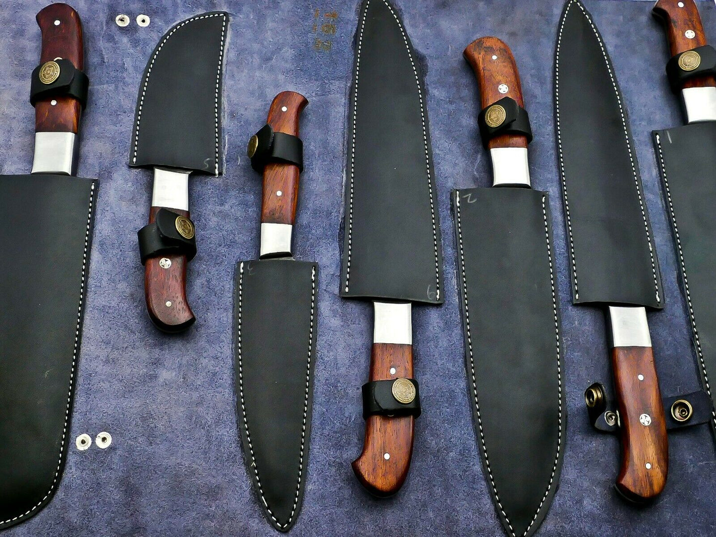 Handmade Damascus Steel Kitchen Knife Set 7 pcs Full Tang With Leather Bag