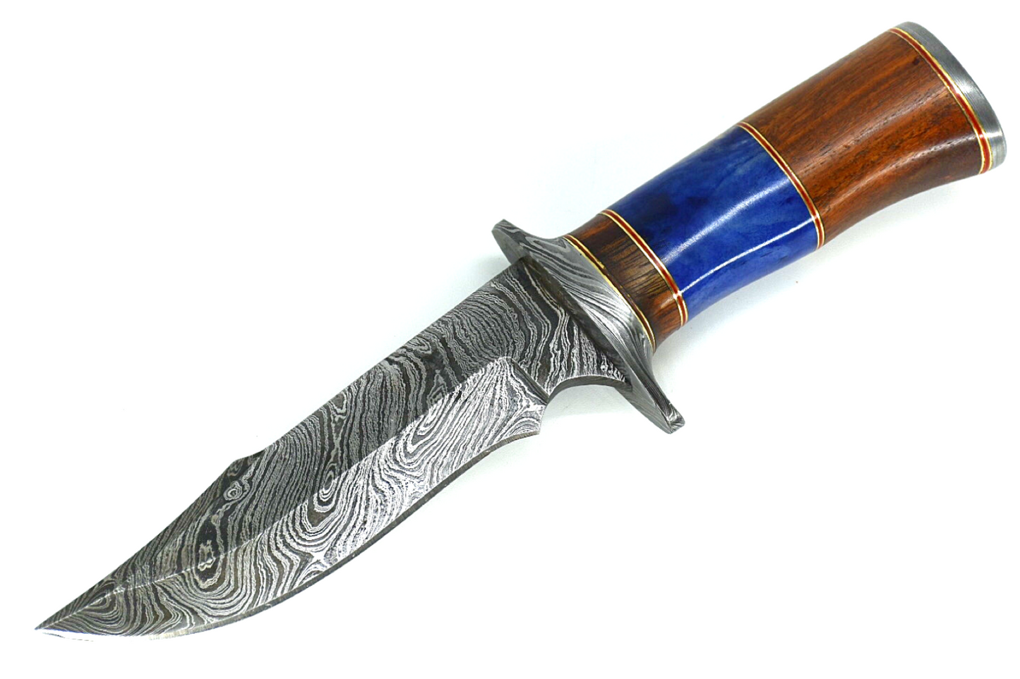 Handmade Damascus Hunting pair of Knives With Leather Sheath Wood & Bone Handle