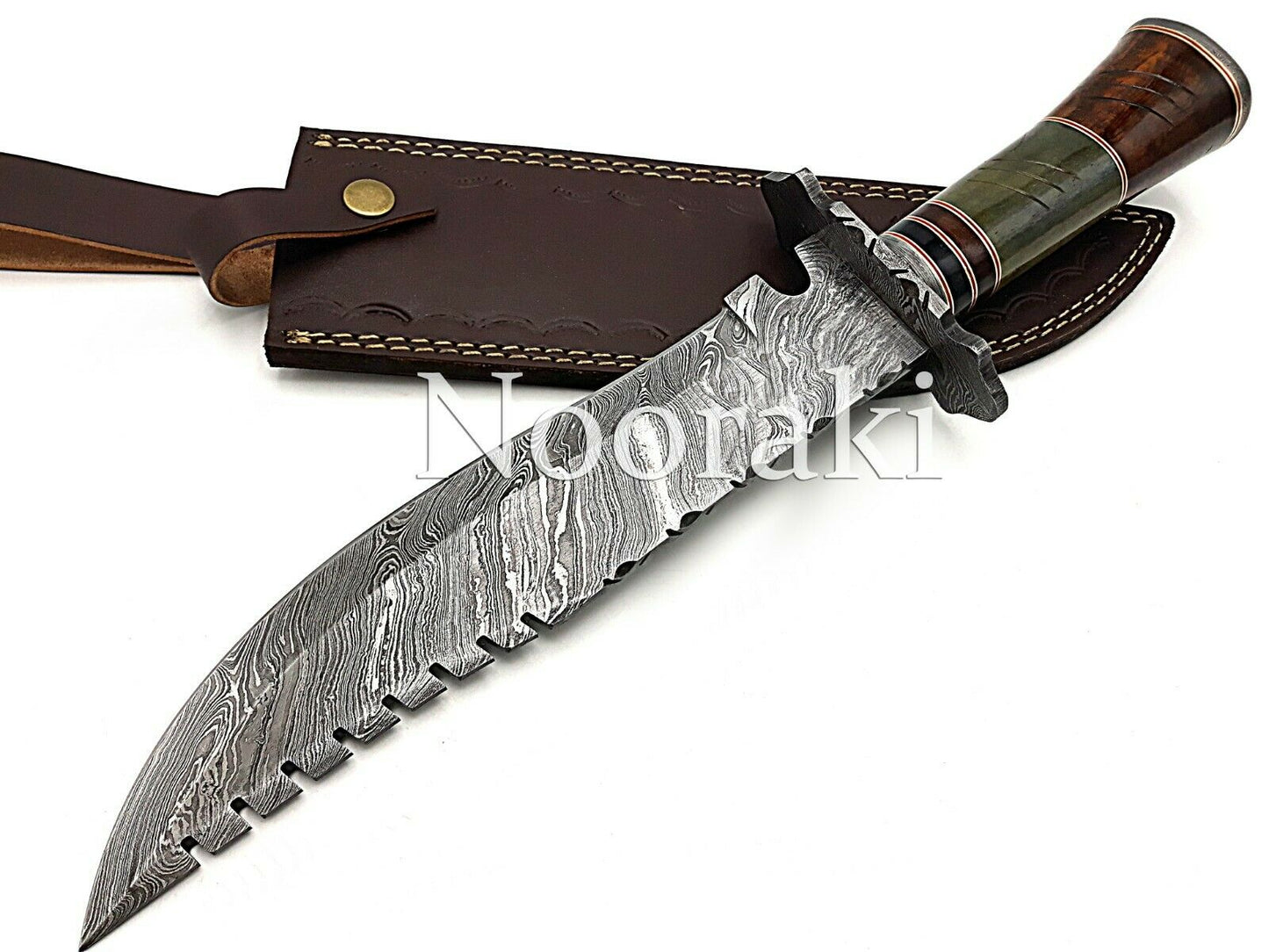 Handmade Damascus Steel 15.5 Inches Bowie Knife - Rose Wood & Bull Horn Handle