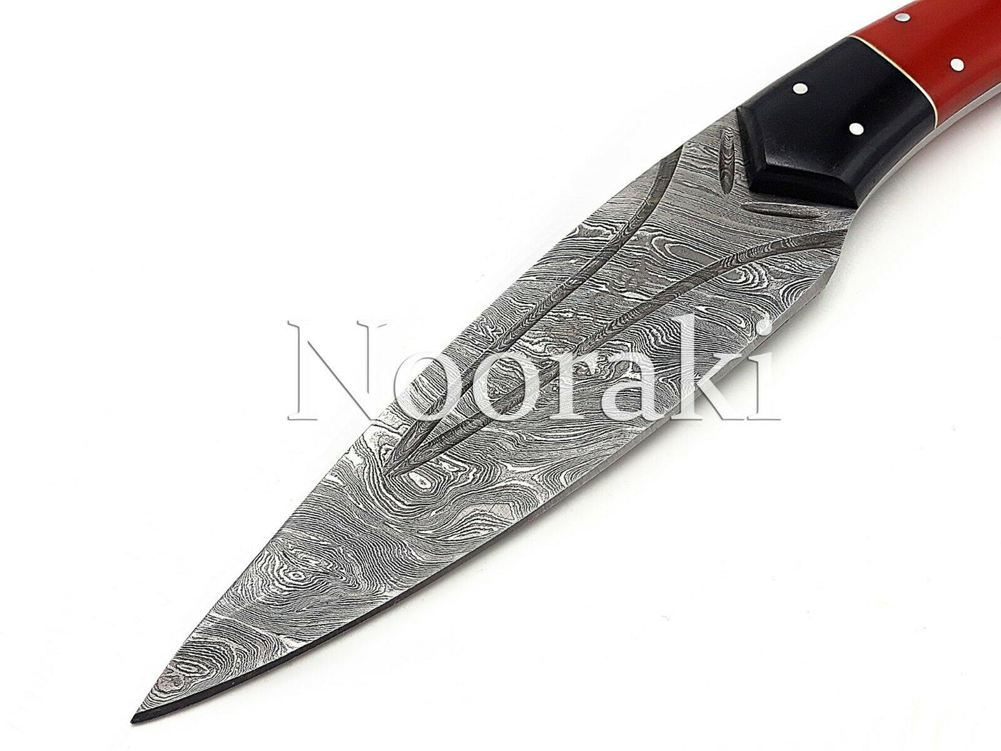 Handmade Damascus Bowie Knife Sharp Blade Resin Red Handle With Leather Sheath