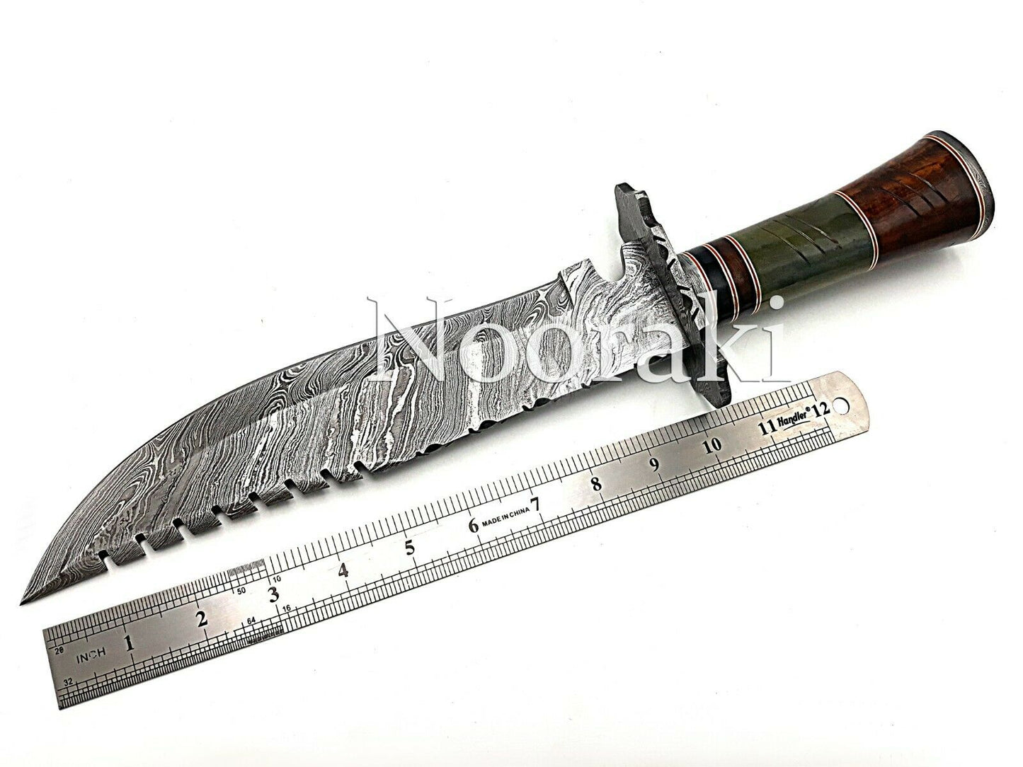 Handmade Damascus Steel 15.5 Inches Bowie Knife - Rose Wood & Bull Horn Handle