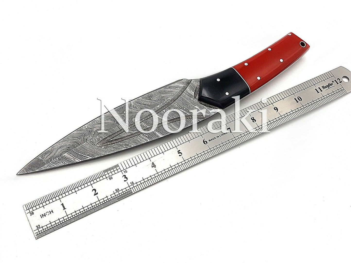 Handmade Damascus Bowie Knife Sharp Blade Resin Red Handle With Leather Sheath