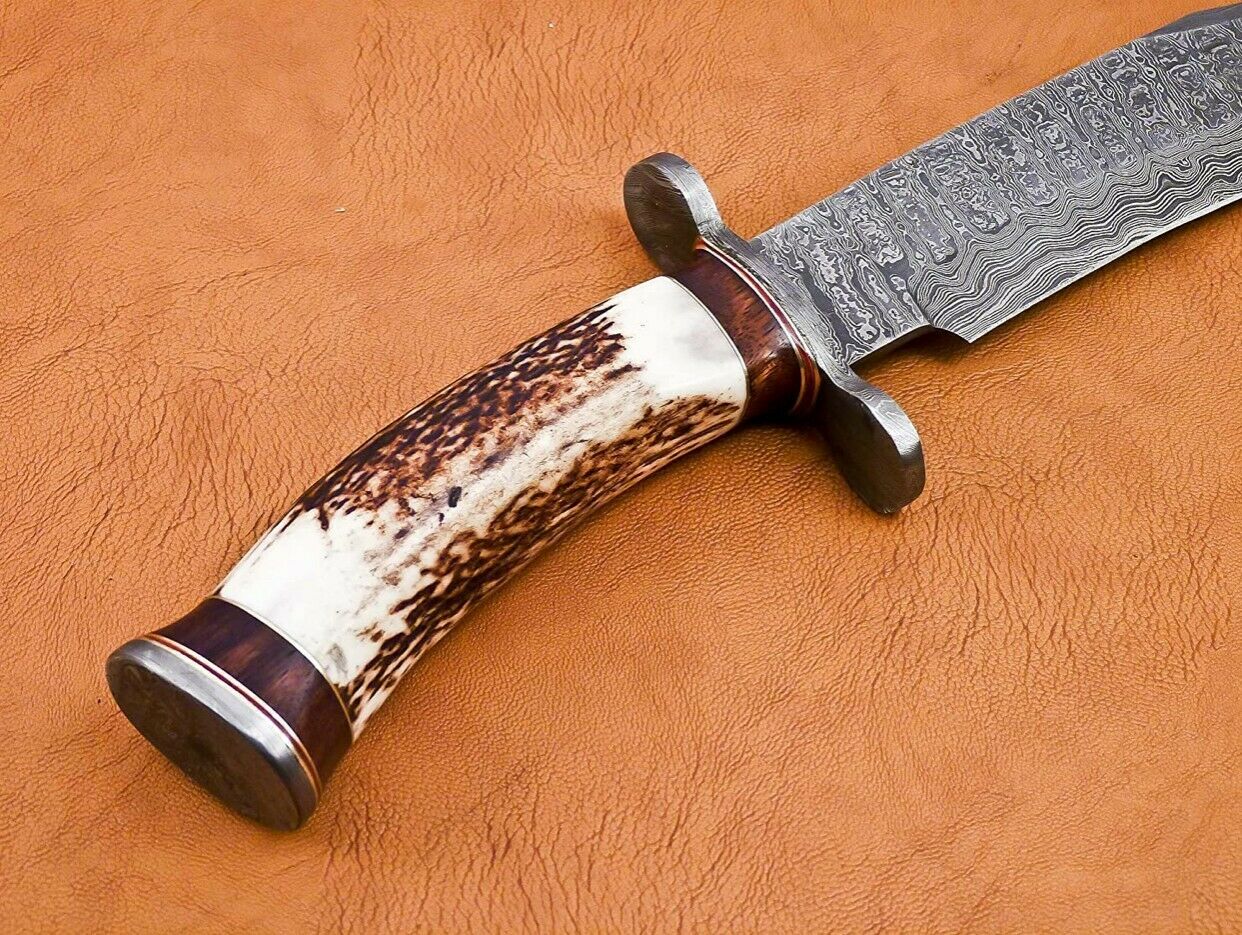 Handmade Damascus Steel 15 Inches Bowie Knife Horn Handle Damascus Guard /Sheath