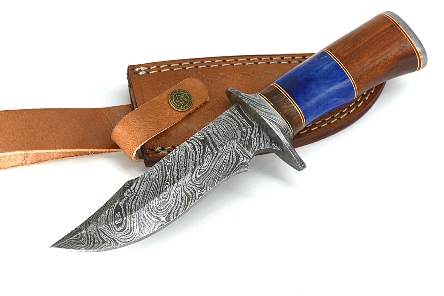 Handmade Damascus Hunting pair of Knives With Leather Sheath Wood & Bone Handle