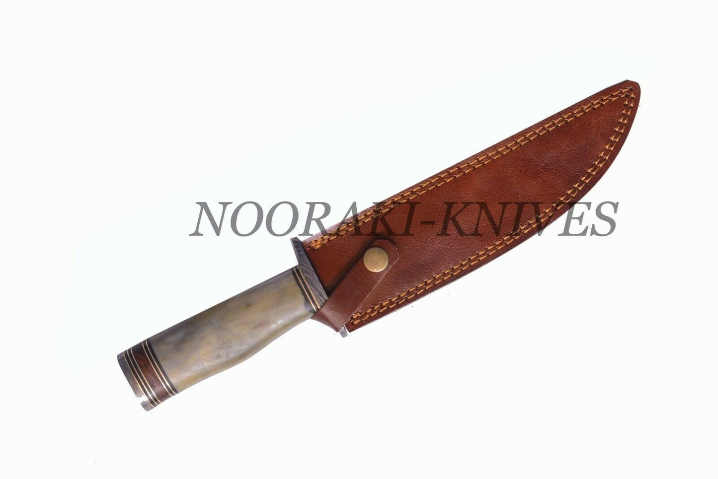 Handmade Damascus Bowie Tinted Bone and Damascus Spacer Handle, Twist. W/Sheath