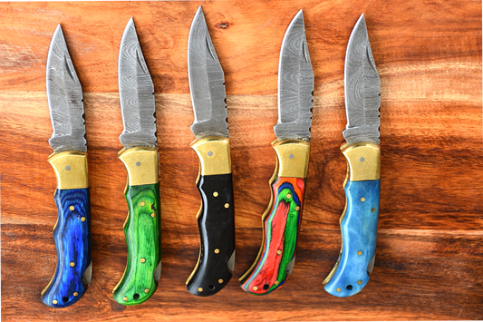 Custom Handmade Damascus Steel Folding Knife - Coloured Wood Handle with Sheath
