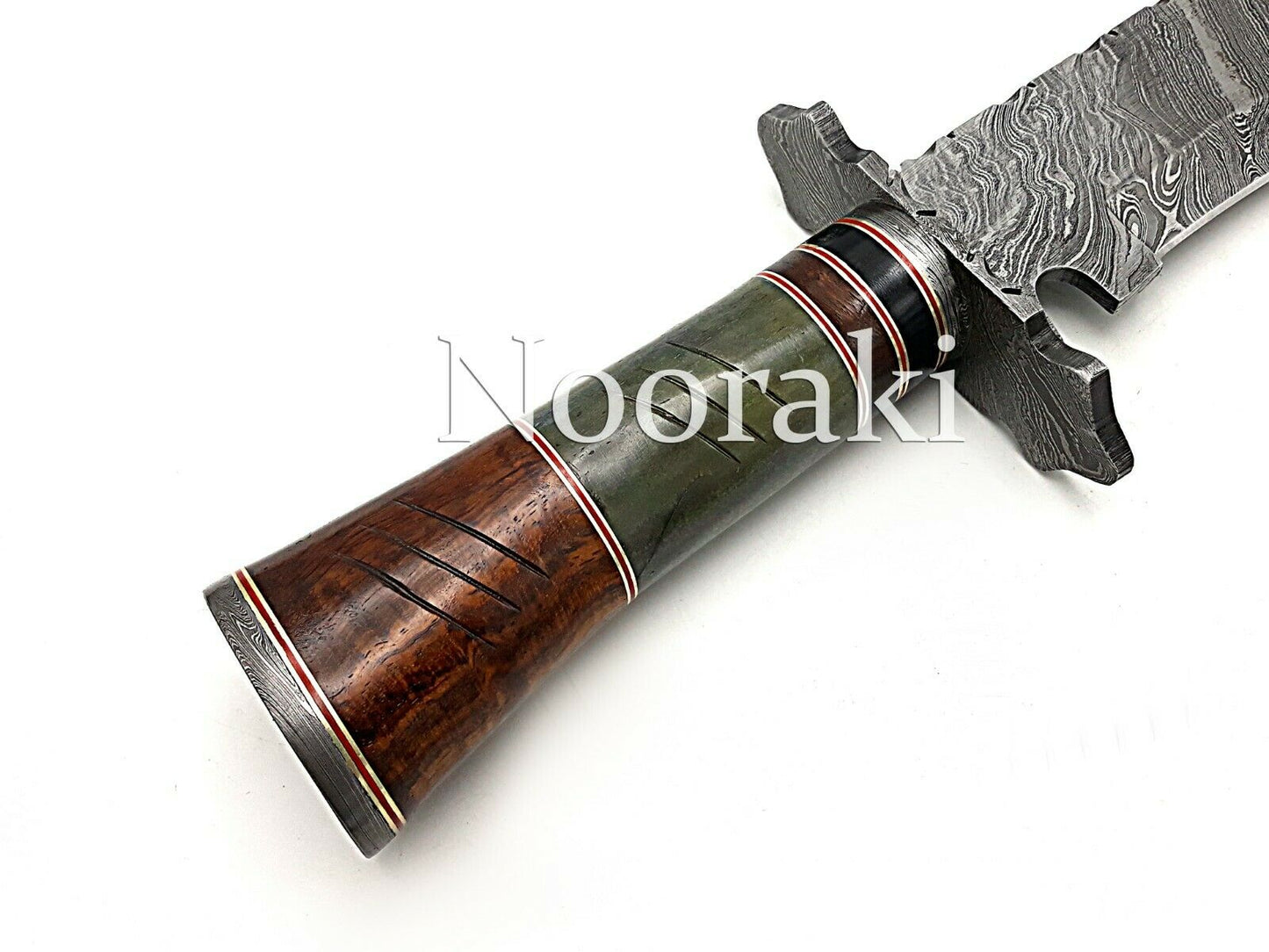 Handmade Damascus Steel 15.5 Inches Bowie Knife - Rose Wood & Bull Horn Handle