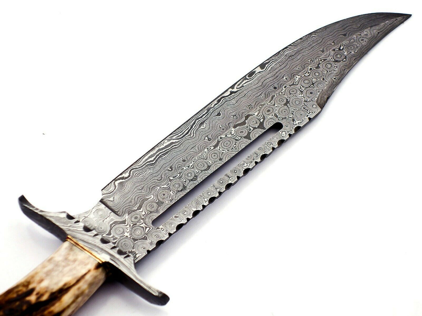 Handmade Damascus Steel Hunting Bowie Knife Stag Handle With Leather Sheath