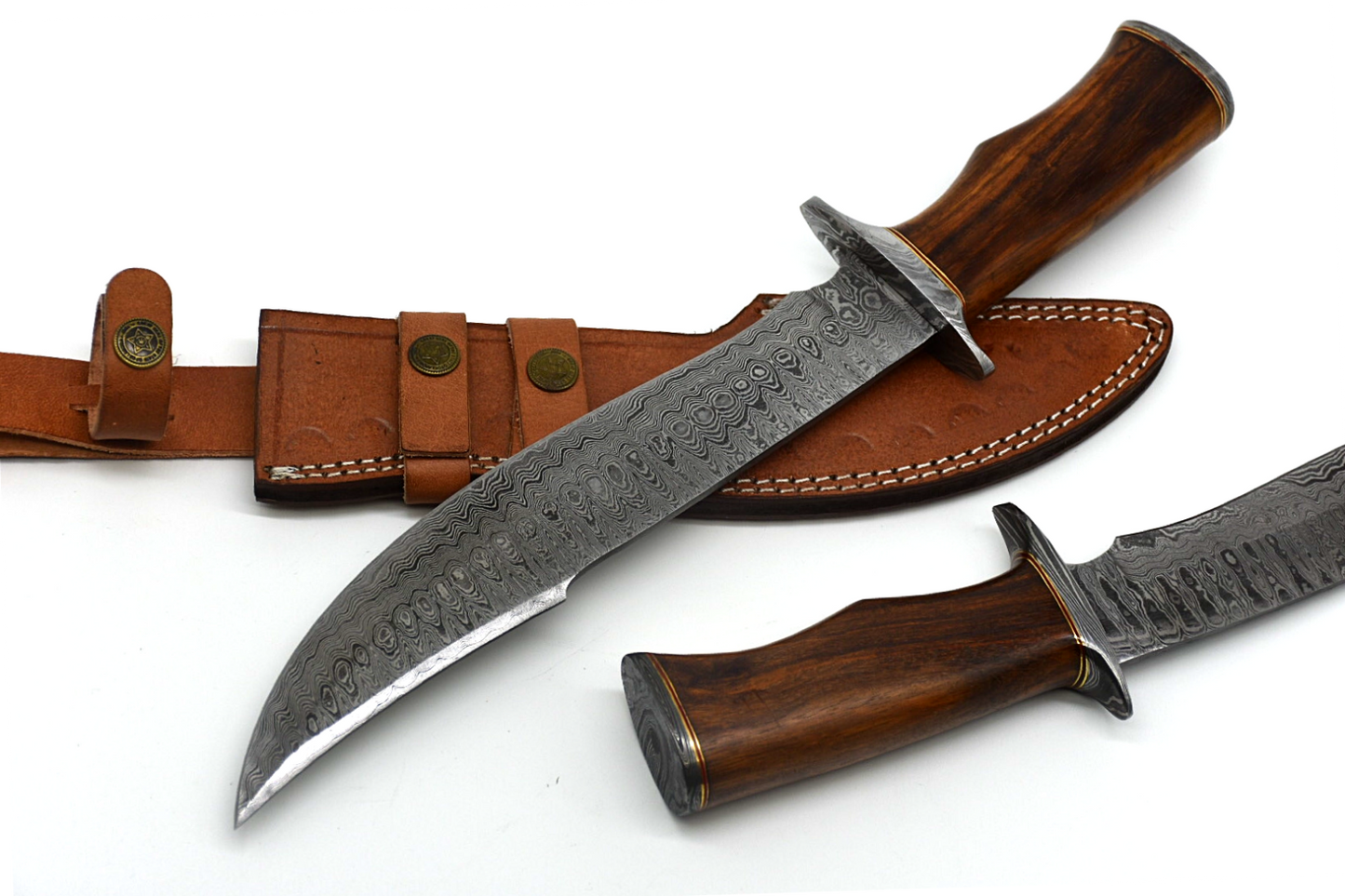 Handmade Damascus Steel Bowie Knife -38cm Wood Handle With Leather Sheath BK161