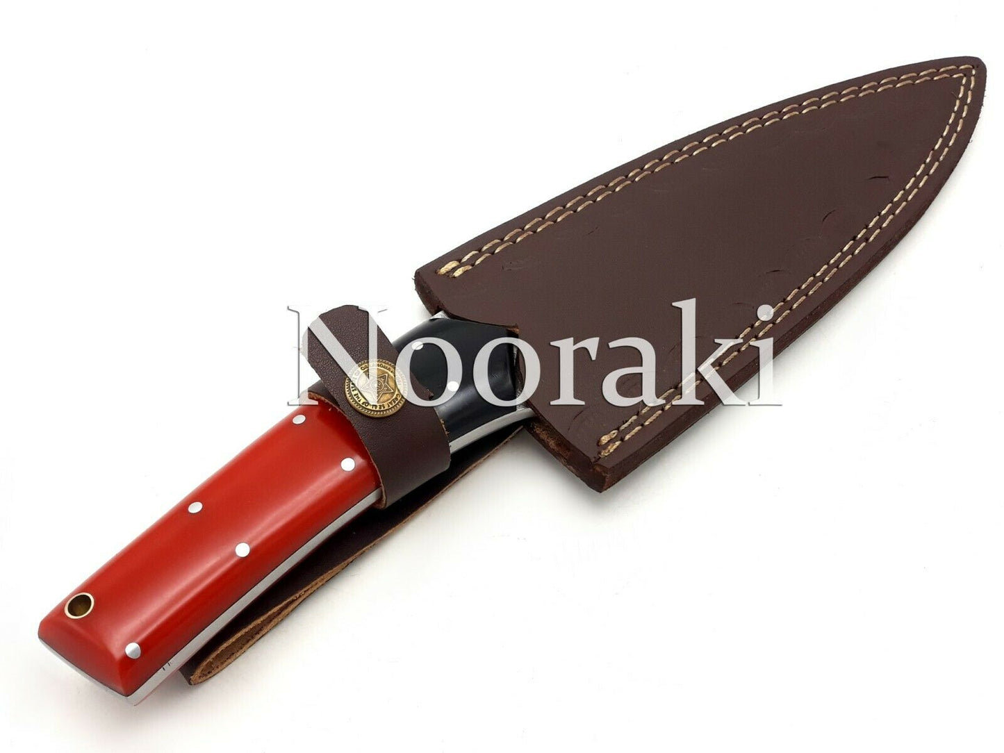 Handmade Damascus Bowie Knife Sharp Blade Resin Red Handle With Leather Sheath