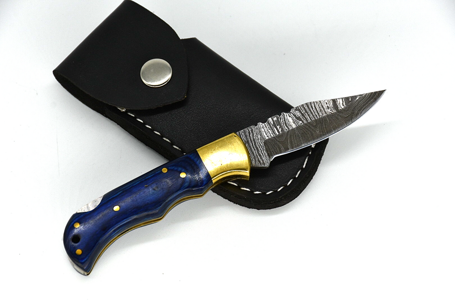 Custom Handmade Damascus Steel Folding Knife - Coloured Wood Handle with Sheath