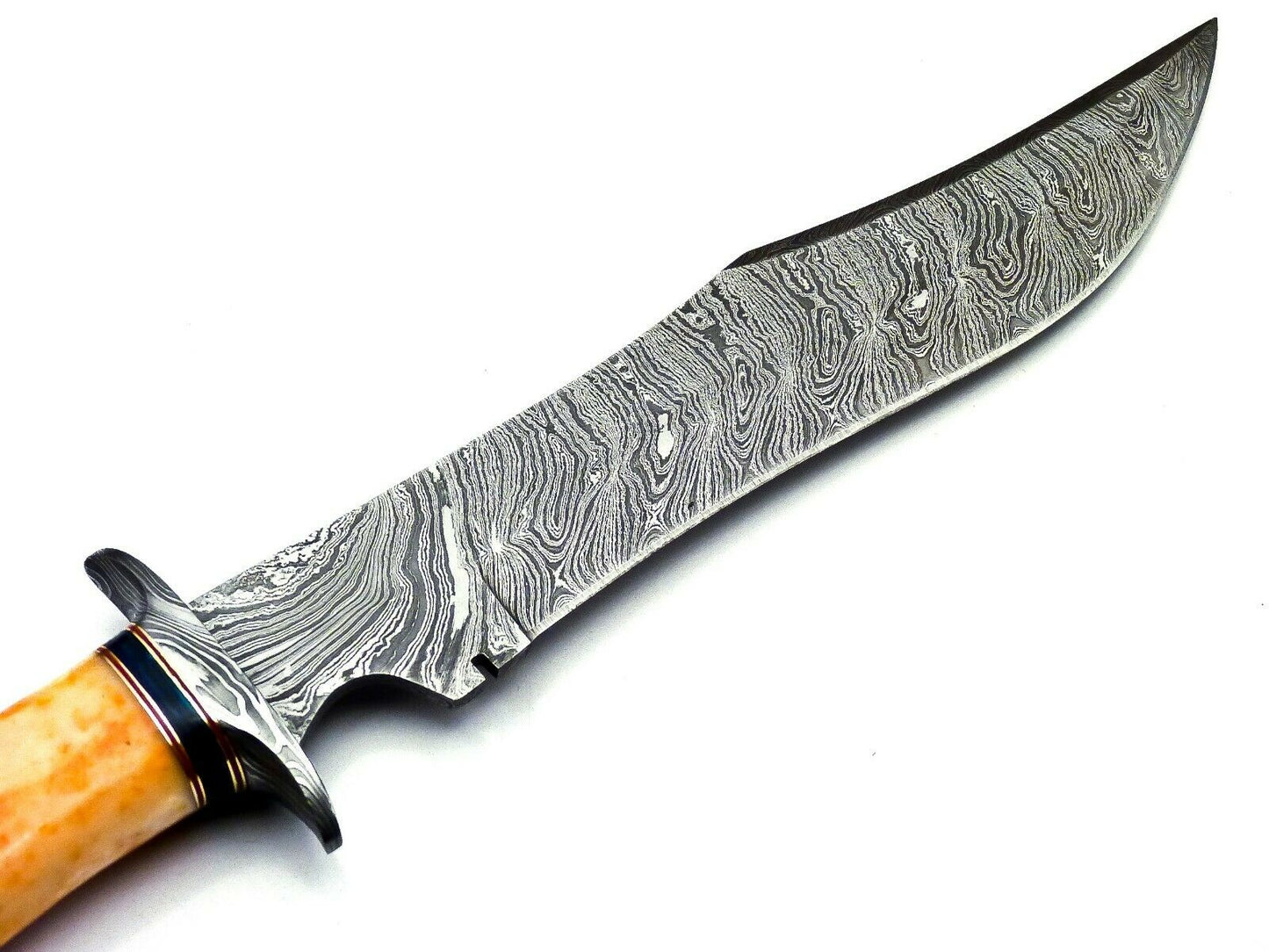 Handmade Damascus Bowie Knife - Wood & Bull Horn Handle, 38cm, 256 Layers - With Leather Sheath for Hunting, Camping, Collection, and Gifts