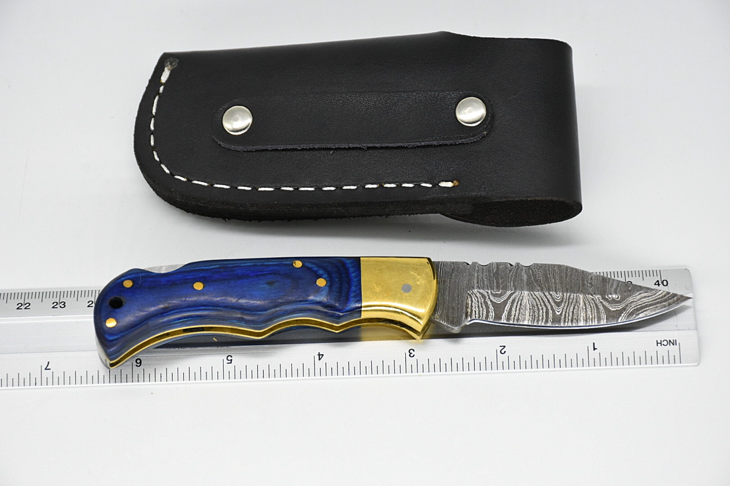 Custom Handmade Damascus Steel Folding Knife - Coloured Wood Handle with Sheath