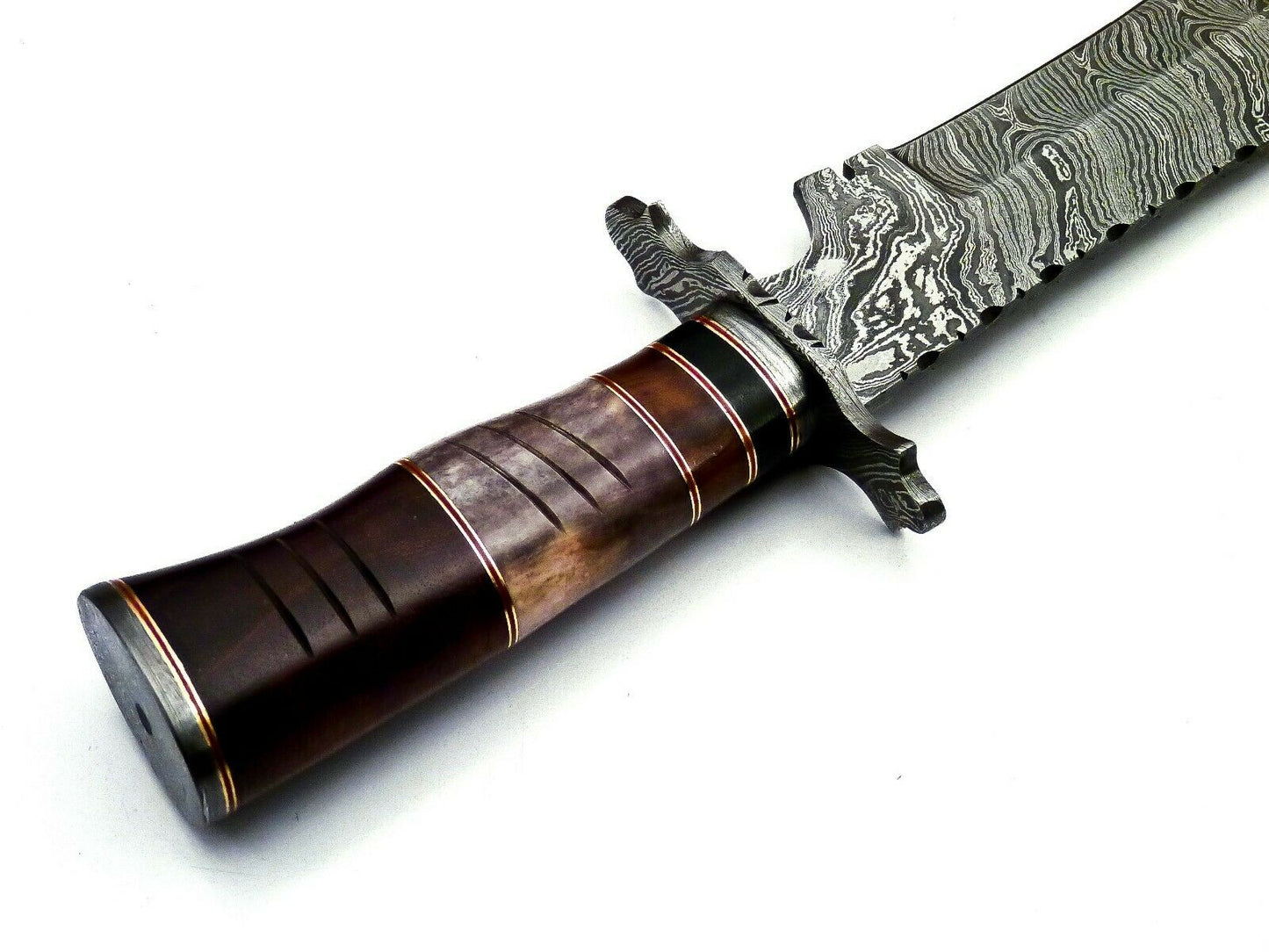 Handmade Damascus Steel 15 Inches Bowie Knife - Rose Wood & Bull Horn Handle