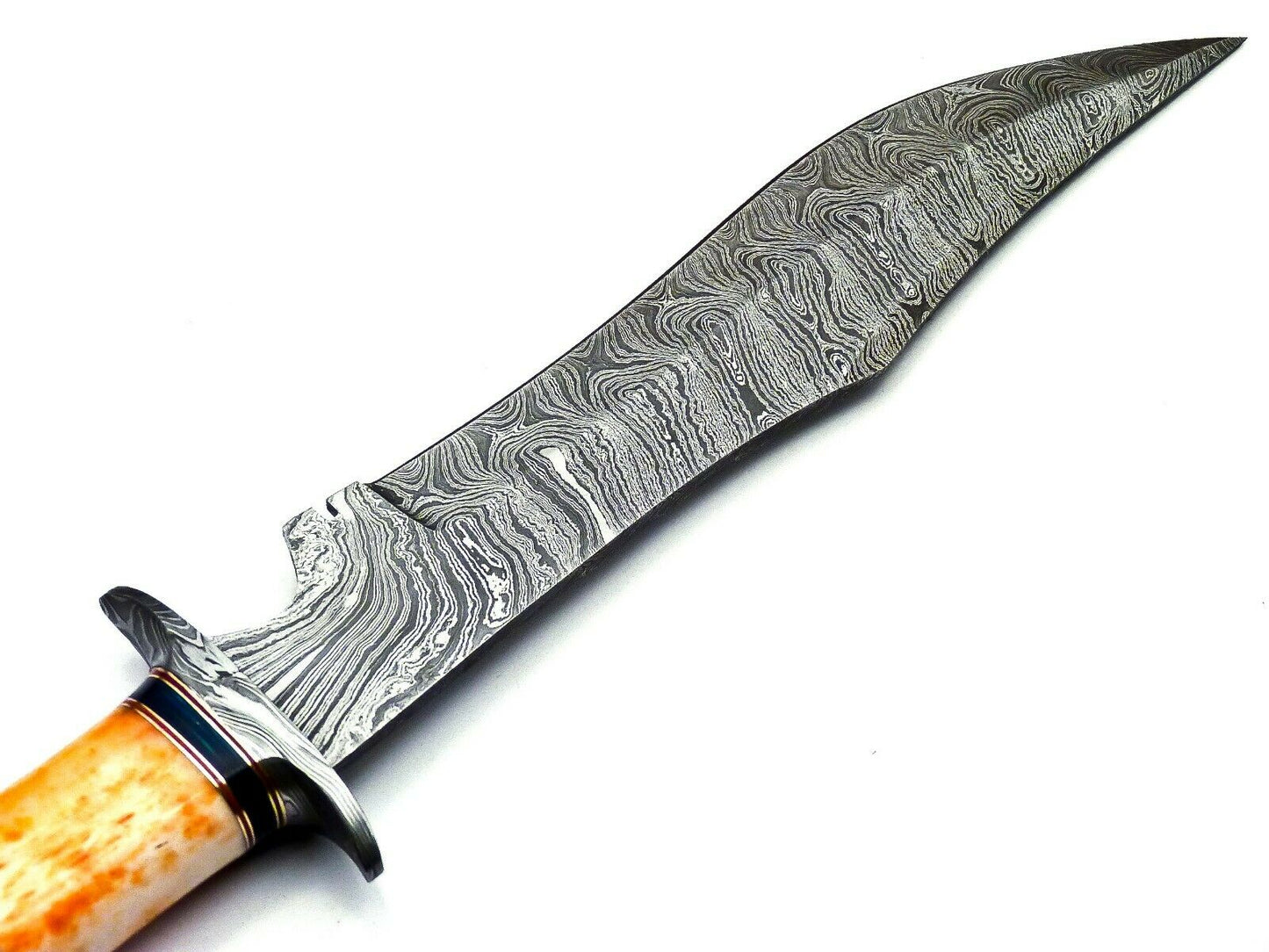 Handmade Damascus Bowie Knife - Wood & Bull Horn Handle, 38cm, 256 Layers - With Leather Sheath for Hunting, Camping, Collection, and Gifts