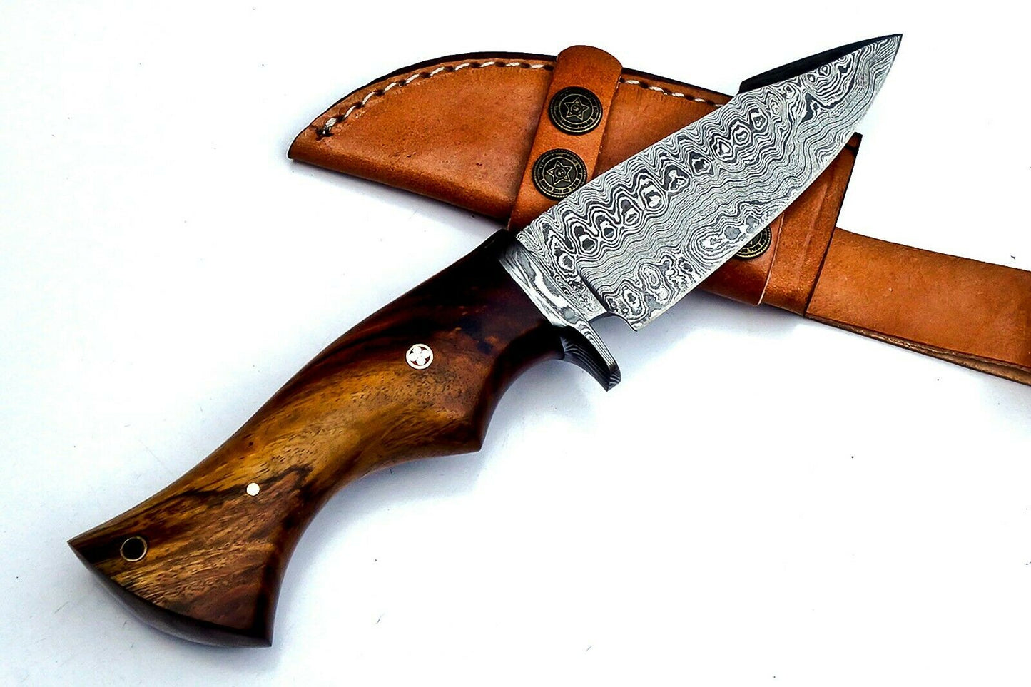 Custom Handmade Damascus Steel EDC Knife, Rosewood Handle, with Leather Sheath 26cm