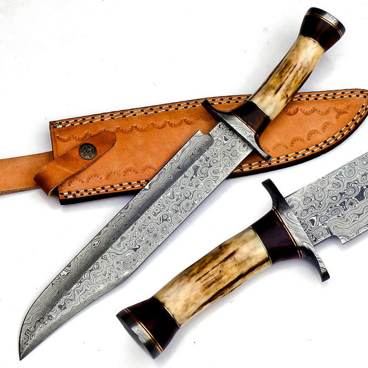 Handmade Damascus Steel 15 Inches Bowie Knife – Elk Deer Horn Handle,With Sheath