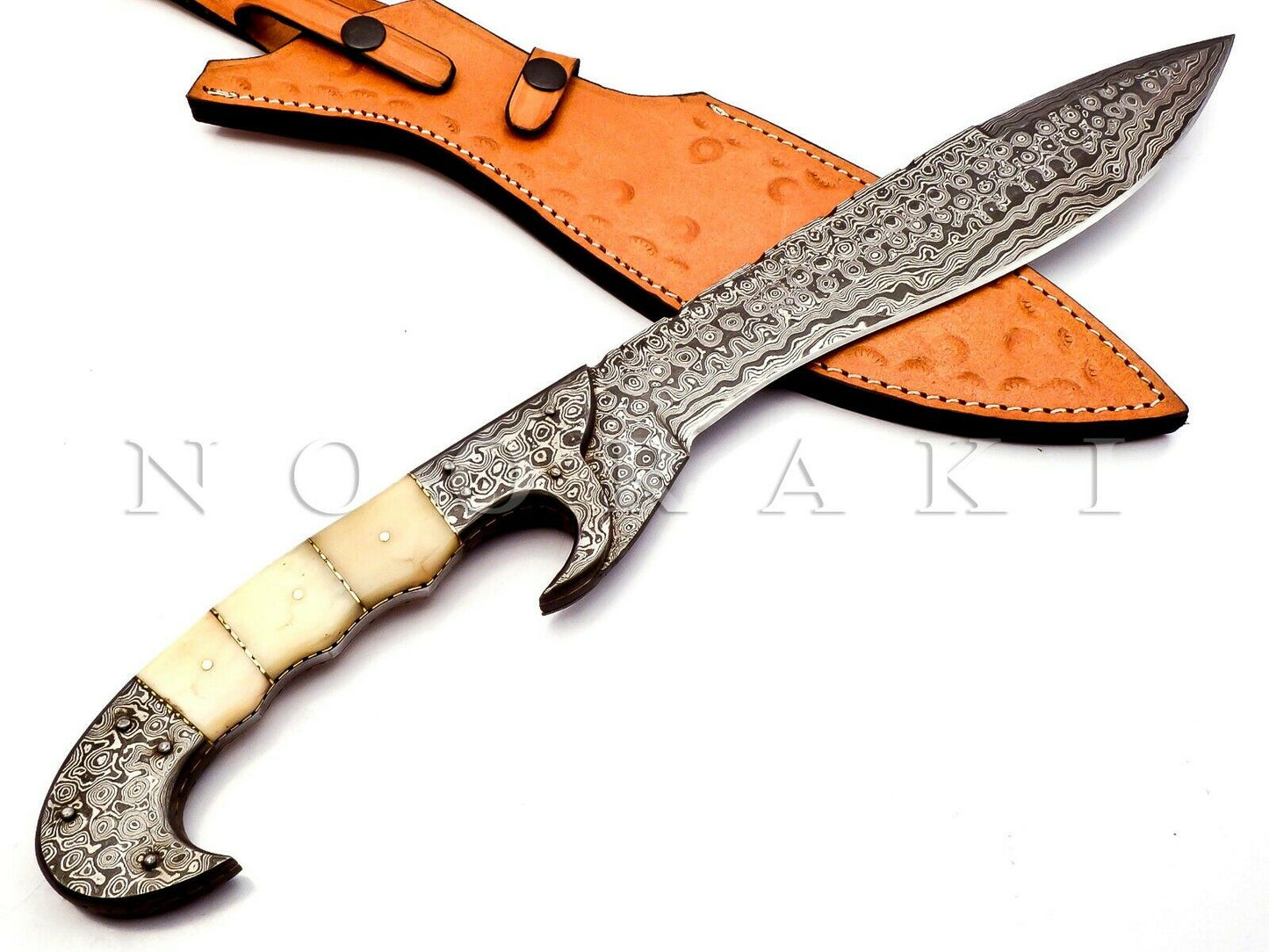 Handmade Damascus Steel Machete/Kukri Knife Full Tang Camel Bone Handle 18 inch