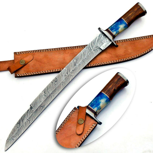 Large Handmade Damascus Bowie Knife 23 inches Wood & Bone Handle W/Sheath